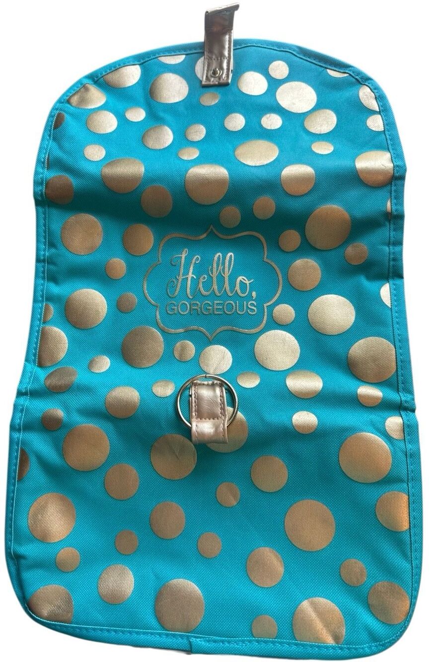 Hello Gorgeous aqua w/gold polka dot trifold makeup bag
